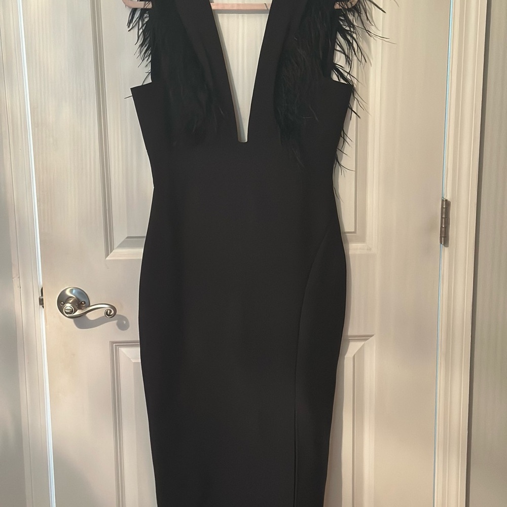 Black Feather-Trim Midi Dress